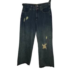 Fashion Nova Distressed Wide Leg Jeans‎ Size 9 Back Flap Pockets Raw Hem